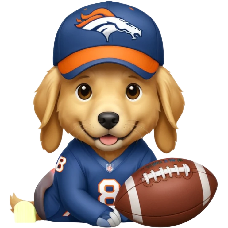 Dog wearing a Broncos hat it’s a golden retriever. The dog is holding a football. emoji