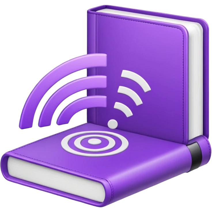 Purple icon: a book with Wi-Fi waves. Minimal, web style. emoji