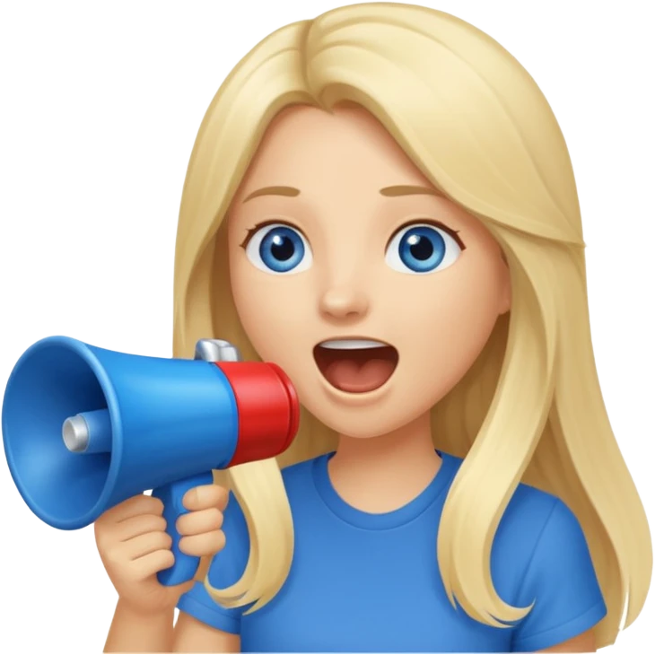 blue eyes blonde girl yelling into megaphone smiling long hair emoji