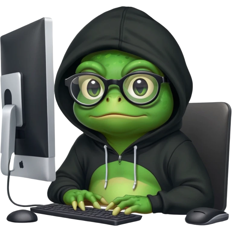 A toad frog wearing a black hoodie with some nerd glasses on sitting behind a computer screen emoji