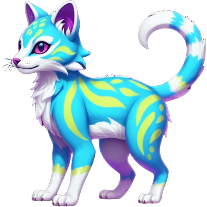 Neon-colored fantasy feline-marsupial-vernid-protogen-primagen-fursona animal creature full body with intricate markings  emoji