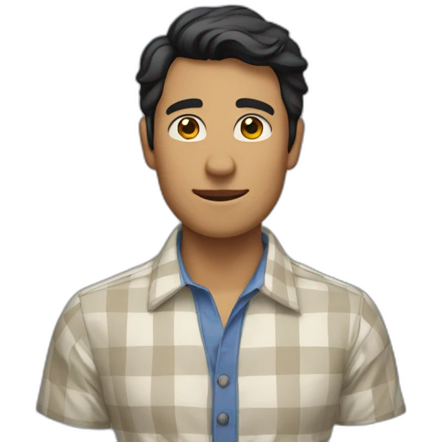 Tan man with short black hair and a gingham white/marine blue buttoned collar shirt emoji