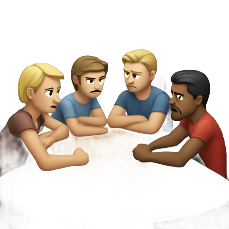 6 Caucasian people sitting around a table looking unhappy emoji