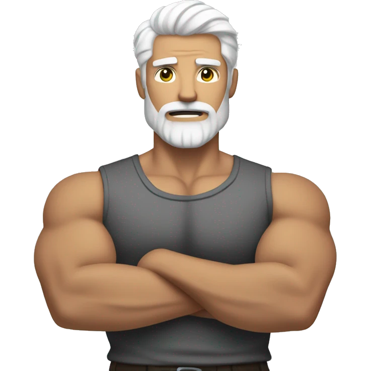 Muscled guy with white hair and white beard curling arms emoji