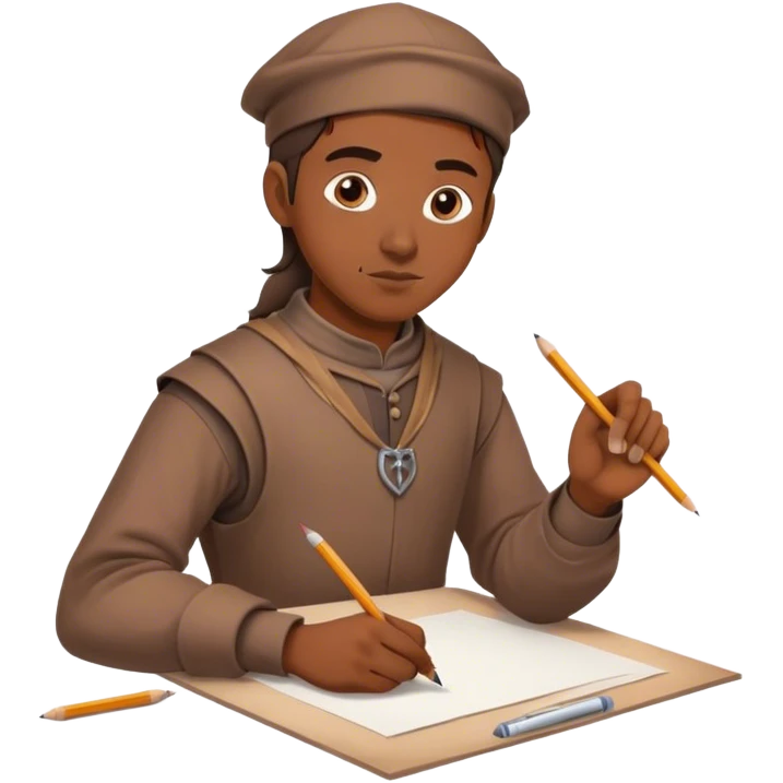 smart medieval painter apprentice with brown clothes drawing paper and pencil emoji