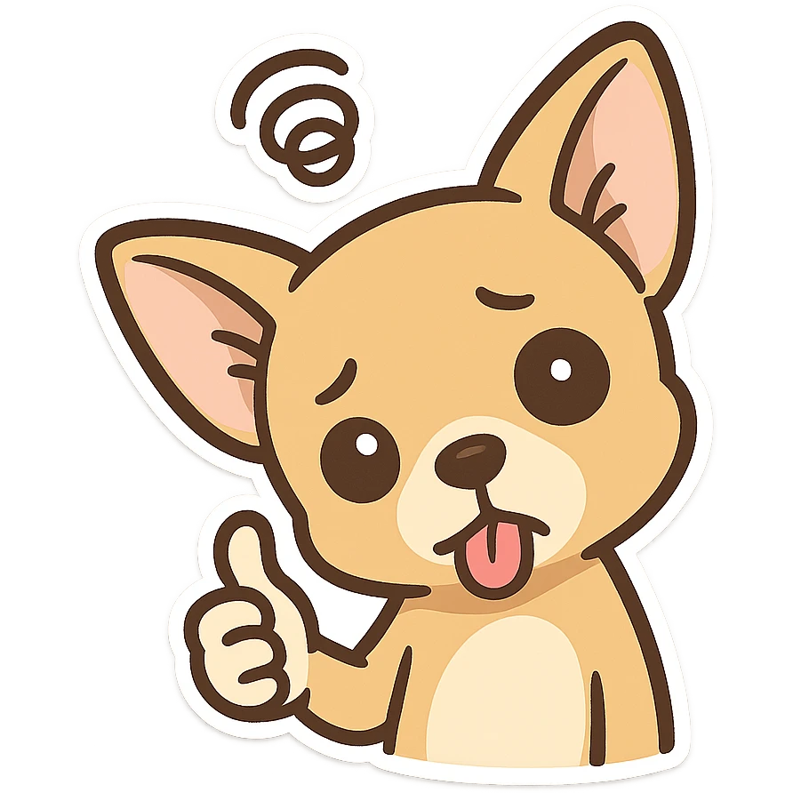 Abstract emoticon pack, a Chihuahua head with a dementia, tilting its head, sticking out its tongue, giving a thumbs up, and an ambiguous expression emoji
