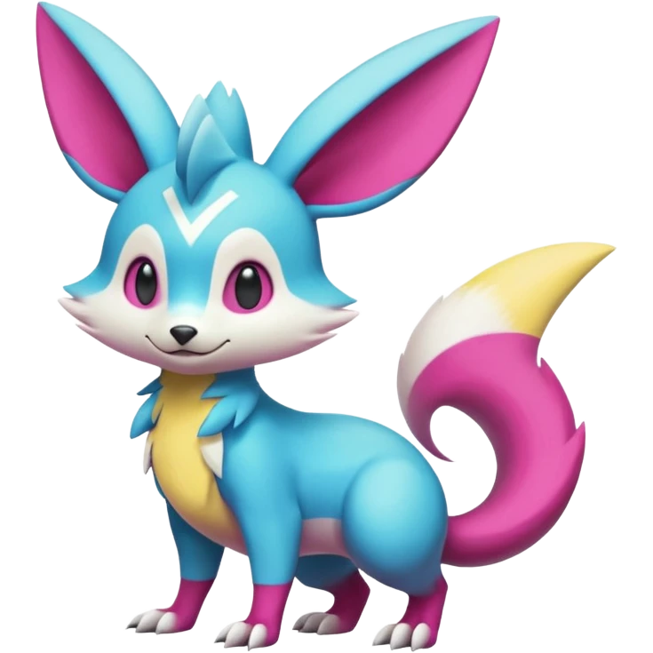 Cyan-Magenta-Yellowish-gradients Minccino-Zeraora-Emolga-Vernid-Sergal-fusion-hybrid-animal-creature, full body emoji