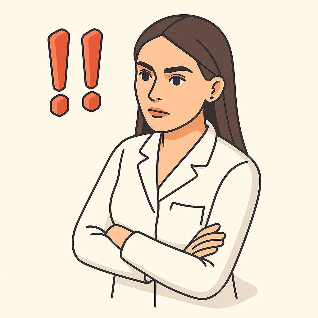 Edit the image to depict a female doctor with dark long straight hair and detailed brown eyes (not just dots). She should wear a white coat, be in a neutral serious pose, with a minimalist background. Include two exclamation marks next to her. Style: 2D isometric. emoji