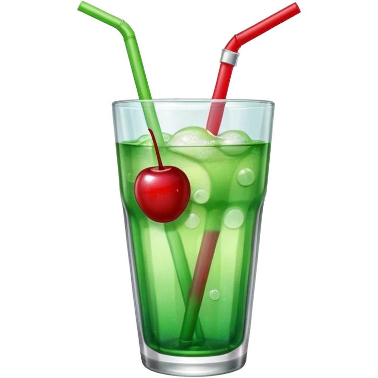 Create an emoji with a clear rounded glass, bright transparent green soda with fine bubbles, a smooth vanilla scoop, a glossy red cherry, and a black straw, using vibrant colors, soft shading, and clear glass highlights.
 emoji