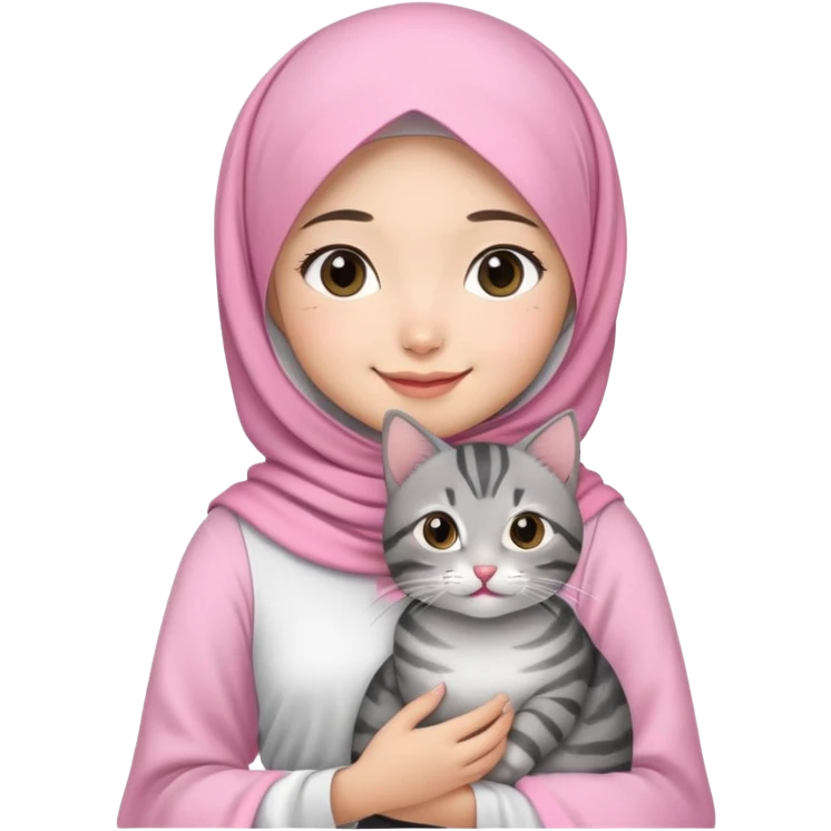 Asian White girl wearing pink hijab and white dress holding a black grey tabby cat while smiling.  emoji