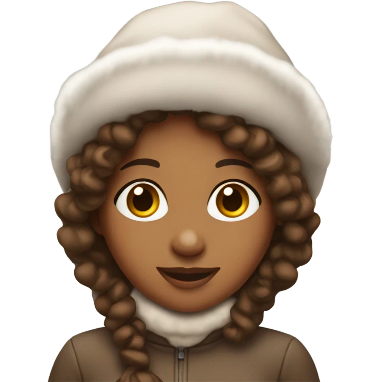 Brown girl with curly long brown  hair with a snow hat and gloves  emoji