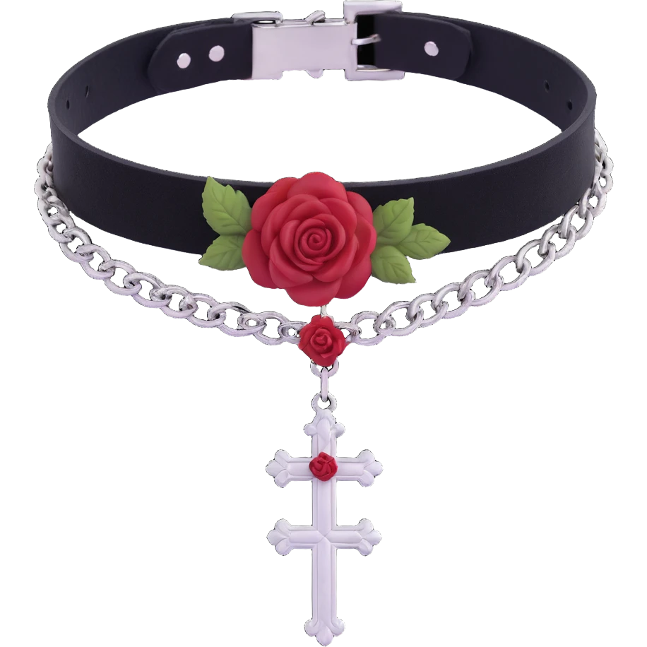 gothic choker with crimson velvet band, silver cross pendant, deep red rose centerpiece, dramatic and gothic emoji