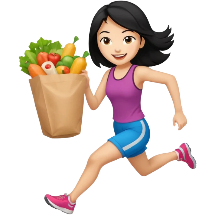 Asian woman with black hair running with food in hand emoji