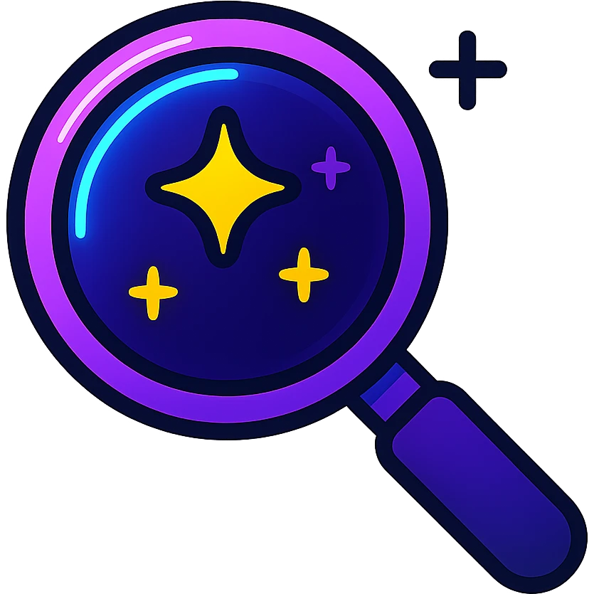 animated search icon with dark purple, blue, and black base, bright accents, complex gradients, stars, bright neon border, modern clean magnifying glass symbol, subtle glowing and moving stars neon effects, sophisticated futuristic style emoji