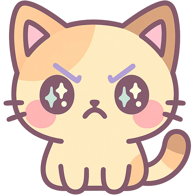 kawaii chibi-style cat emoji with pastel orange and brown cream fur, anime-style angry expression, sparkly eyes, blushing cheeks, pastel color palette, soft rounded design, vector art emoji