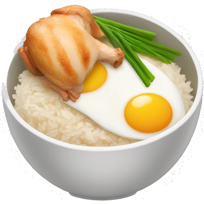 a bowl of rice with two eggs and chicken thigh emoji