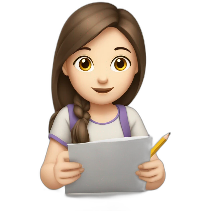 a white skin, brunette haired girl, she is writing on a paper holding a pencil emoji