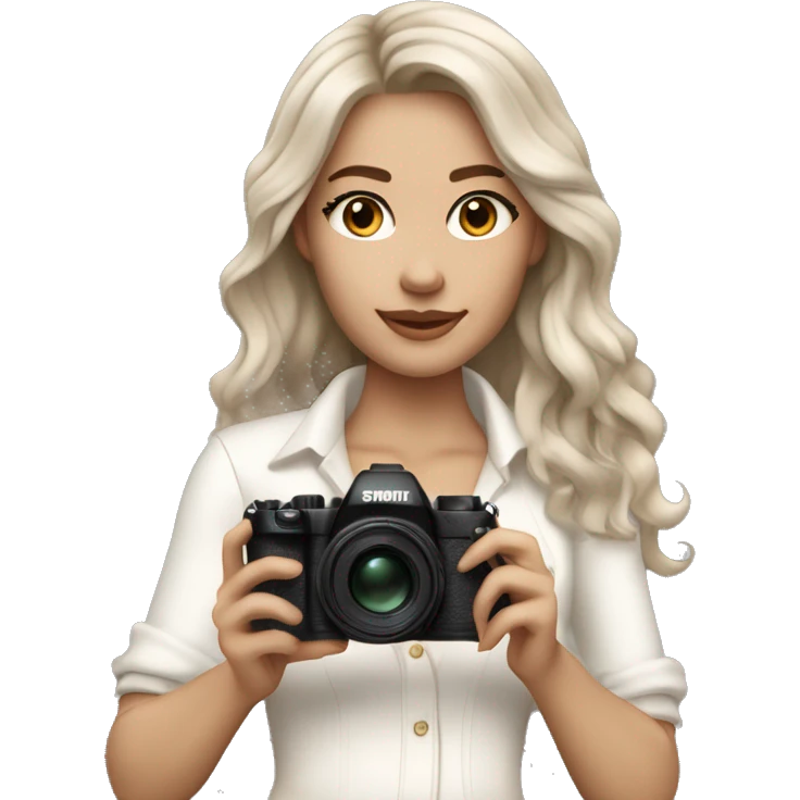 wearing off white classy outfit, her skin tone is light and hair color is ash brown. Hair style is beach waves. The hair is mid length . She has a white skin tone and is holding her camera. She’s taking a picture of someone  emoji