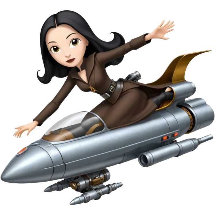 Jedi teen Morticia Addams flying a chrome accented Jumpspeeder anti-gravity repulsorlift powered by an imperial speeder steampunk  emoji