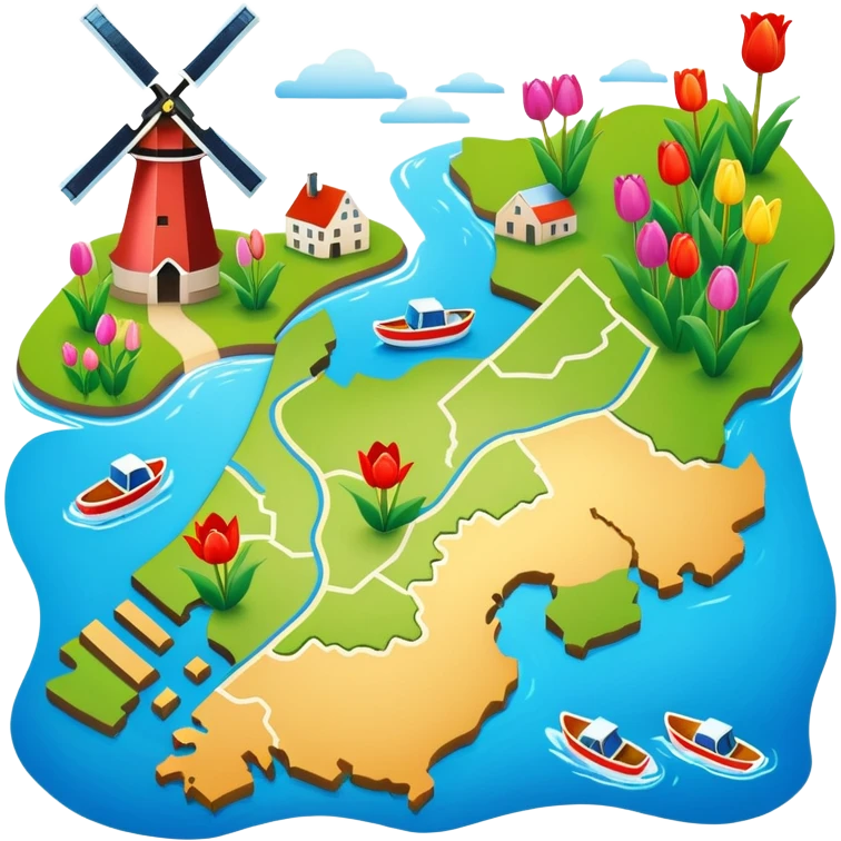 Map of the Netherlands showing canals, tulips, and windmills emoji