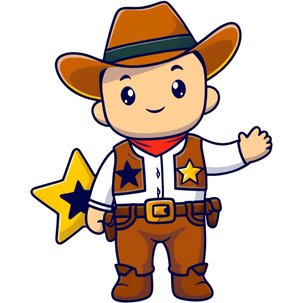 A cartoon stuffed baby cowboy toy with star-shaped patches and a little sheriff badge emoji