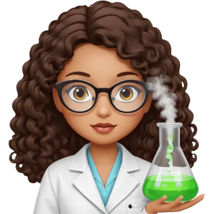 realistic bratz doll with long curly dark brown hair, glasses that are round cat eye vibes, in a lab coat mixing beakers that glow emoji