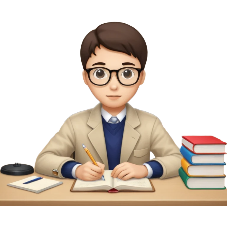 South Korean high school student at desk, surrounded by study materials, showing focus and perseverance, Apple iPhone emoji style emoji