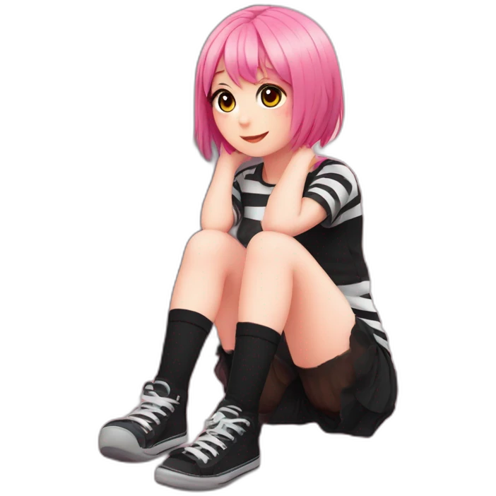full body Front view emo girl sits on the floor black skirt pink knickers striped stockings emoji