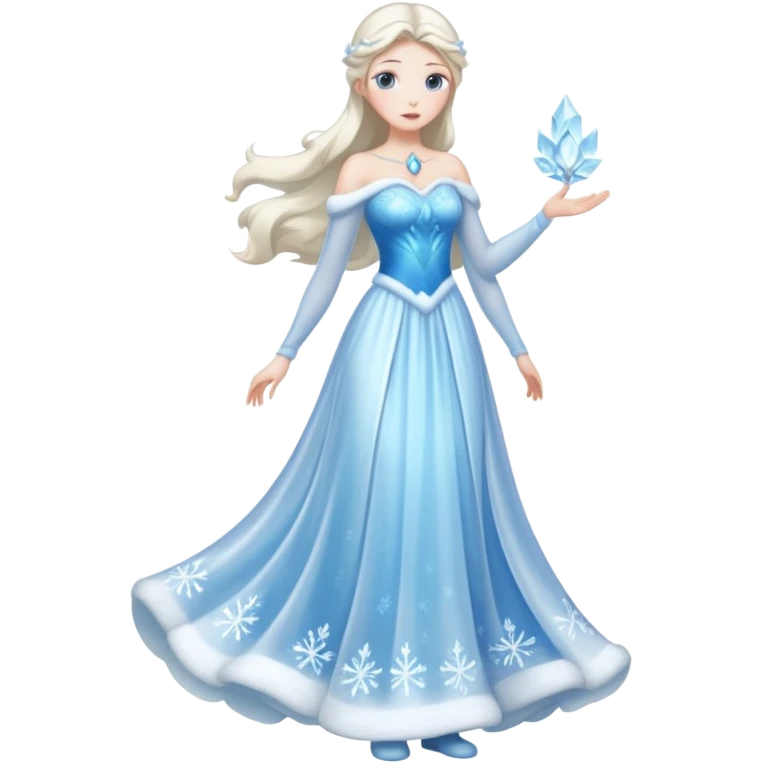 An ice Snow Maiden character, full body, standing in side view, made of translucent ice, winter fairy tale style. emoji