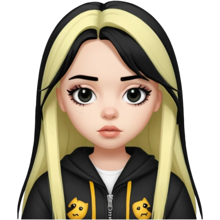 billie eilish as pretty bratz baddie, sharp black eyeliner, black hair emoji