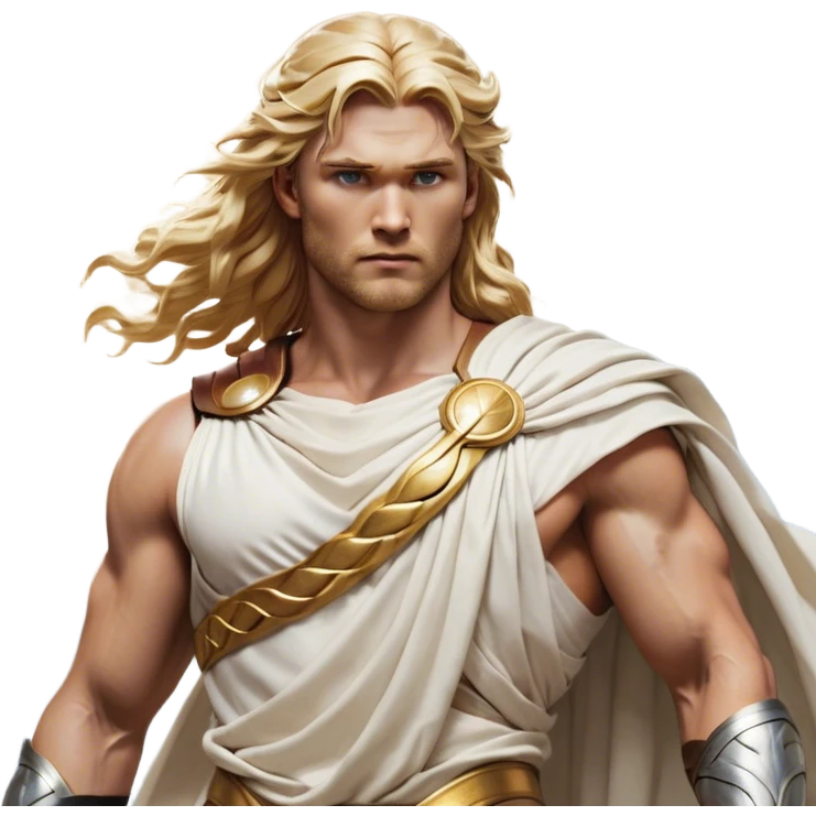 Cinematic Realistic Thor Portrait, depicted as a classical Greek god with a chiseled, sculpted physique reminiscent of ancient marble statues. His fair, luminous skin carries a subtle golden sheen, and his long, wavy, sun-kissed golden hair flows elegantly around his noble face, accentuating his determined, piercing eyes. Draped in a flowing white toga with delicate golden accents and hints of lightning motifs, the portrait is rendered in dynamic natural lighting with a radiant, mythic glow that exudes timeless strength and divine grace. emoji