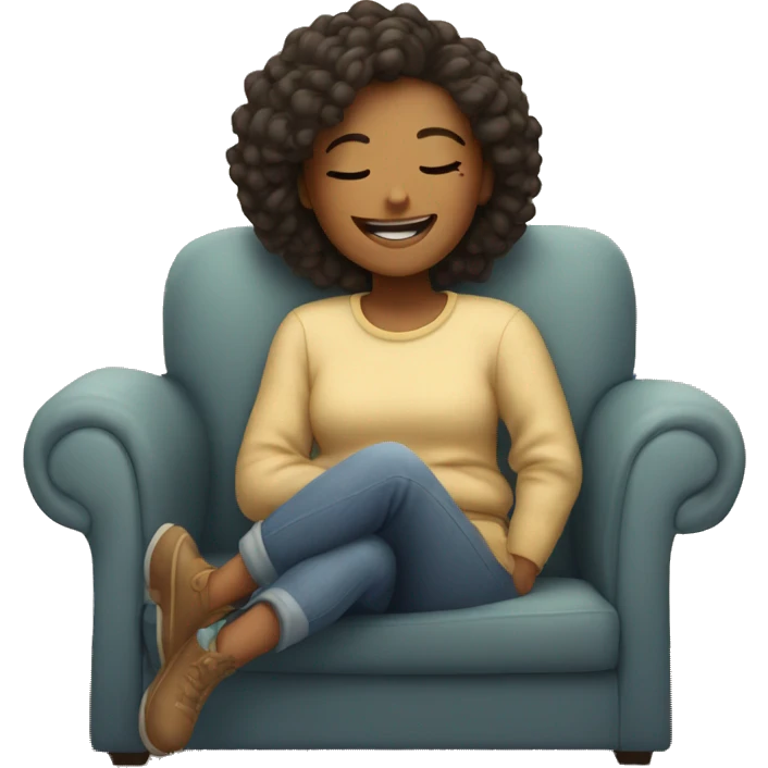 smiling girl on cozy couch with her eyes closed emoji