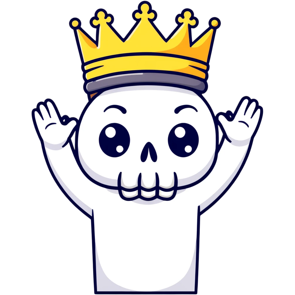 shocked skull with crown, hands raised to head in disbelief, black and white emoji