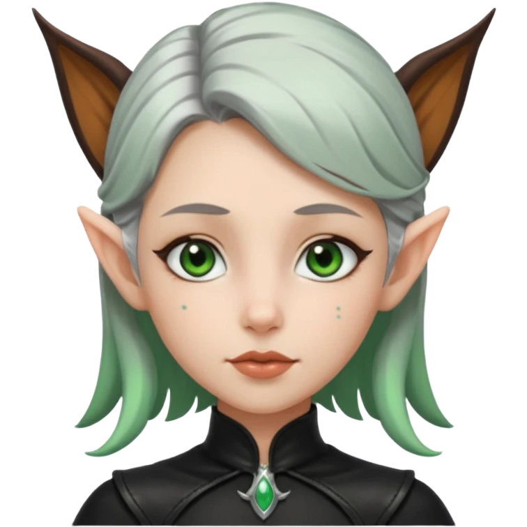 Haz un emoji de una chica con piel blanca ojos marrones y verdes nariz puntiaguda orejas de fae labios finos pelo plateado con un recogido y ropa de cuero negra emoji