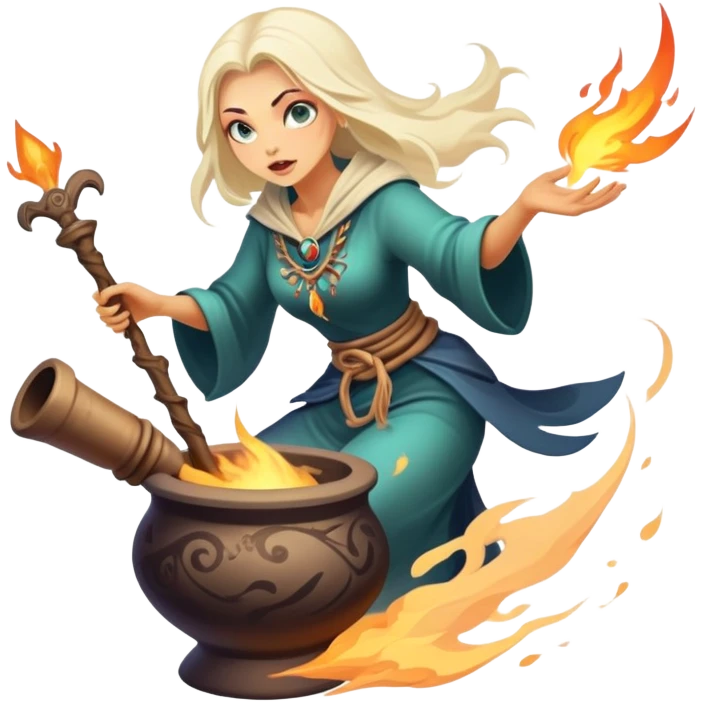 Baba Yaga sorceress woman flying in a mortar, magical aura emoji