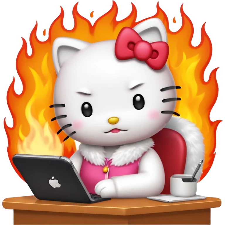 Apple-style emoji illustration of hello kitty character calmly sitting at an office desk, looking at a smartphone and looking relaxed, while the office behind her is subtly on fire. emoji
