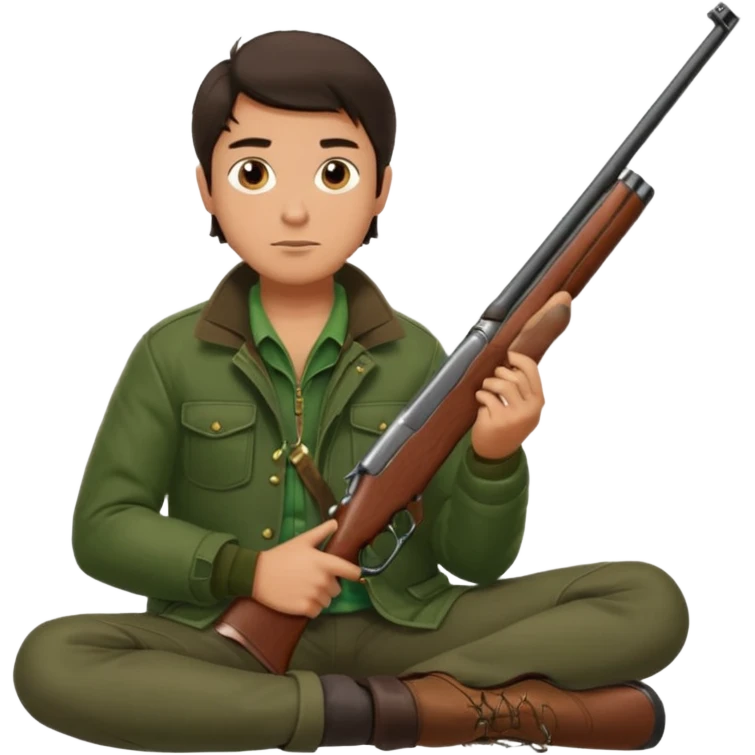 male hunter sitting with a shotgun across his lap, relaxed pose emoji