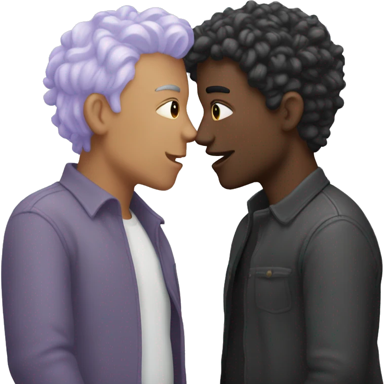 Two men kissing, one of the white with lavender hair and the other person is black with black hair emoji