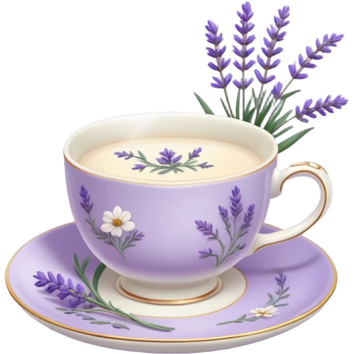 White teacup on a pastel purple plate, lavender flowers on the side, pastelcore aesthetic, cottagecore emoji