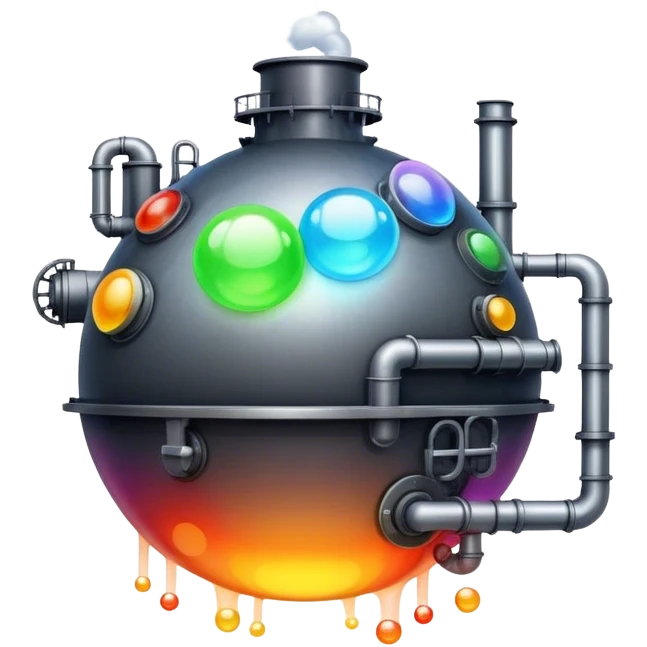 An emoji of a factory, but instead of smoke, creative ideas are coming out as glowing bubbles. emoji