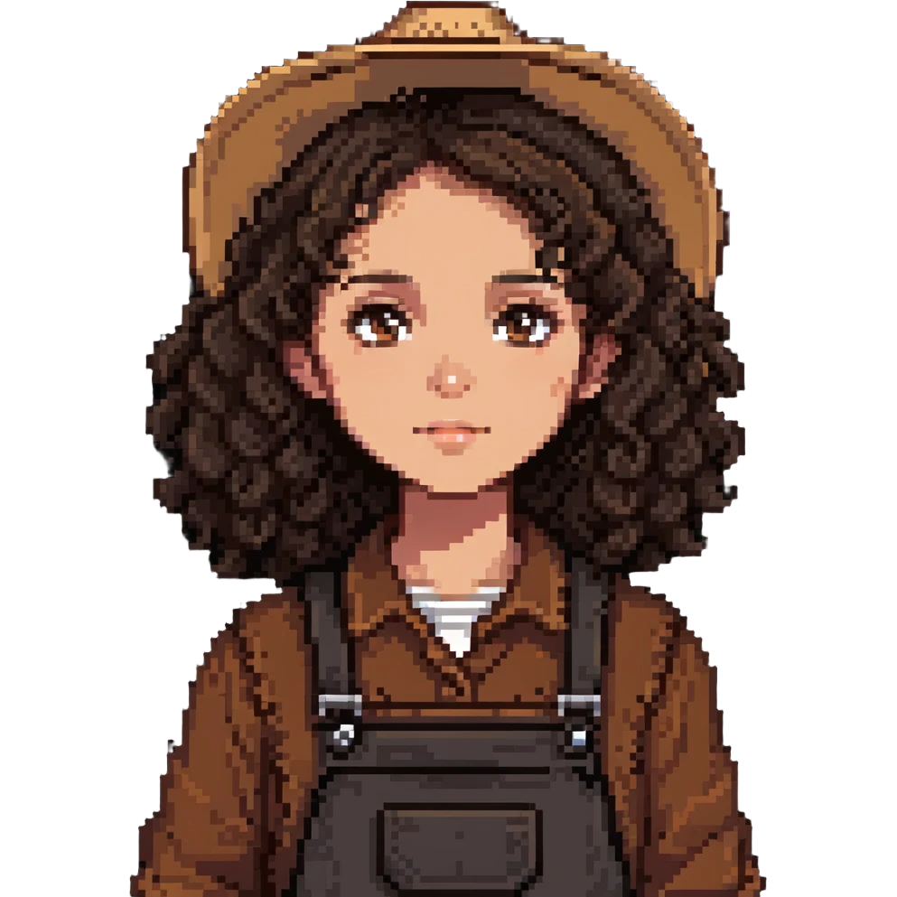 white girl with dark brown curly hair, brown eyes, wearing farm clothes emoji
