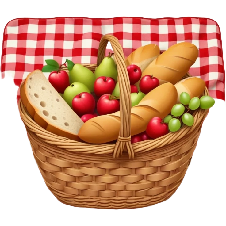 picnic basket with fruit and bread on a checkered blanket emoji