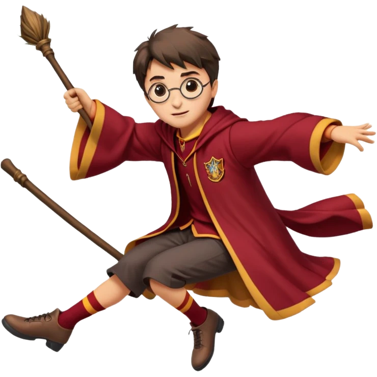 Cartoon-style illustration of Harry Potter flying on a broomstick, Gryffindor red and gold outfit, expressive face, dynamic motion, magical vibe, smooth shading, vibrant colors, no background, transparent background, isolated character. emoji
