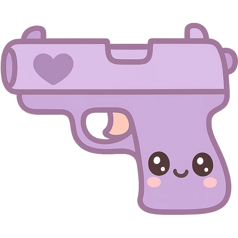 purple heart pistol, kawaii style, cute face on the handle, big eyes emoji