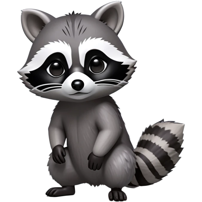 Cinematic-cute Raccoon-Realistic-hunched Full-Body on all fours-Emoji – Tail flicking lazily, head tilted dramatically, thick grey fur with a signature black mask, sharp and alert ears, simplified yet realistic focused features, highly detailed, glowing with an almost sarcastic glow big black eyes realistic body emoji
