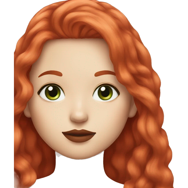 straight long strawberry red hair,red lipstick red,green eyes, white skin and a small nose emoji
