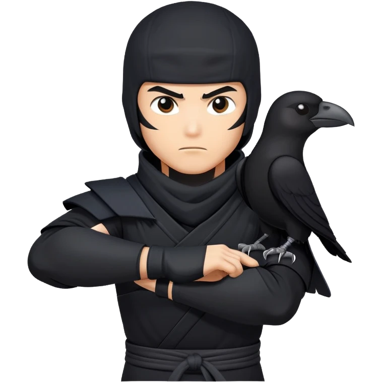 clash-of-clans-aesthetic_-cinematic-mysterious-male-ninja-portrait-emoji, rendered in a flat, vector-style with minimal shading and bold, simplified shapes, with a head slightly turned revealing intense, focused eyes. the ninja has his arm out and perched on top of his forearm is  a  giant black crow emoji
