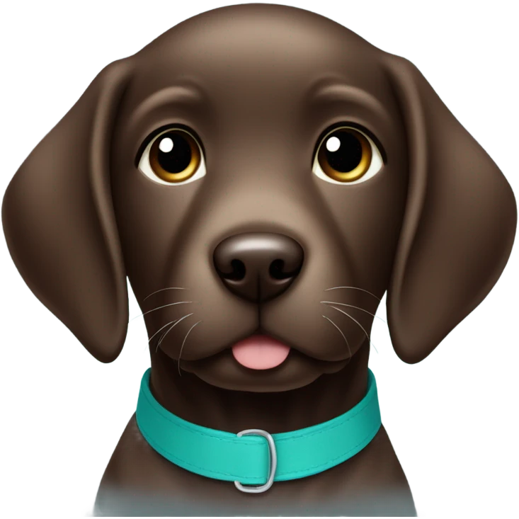 Chocolate labrador cute puppy with small white patch of fur on chest and teal collar emoji