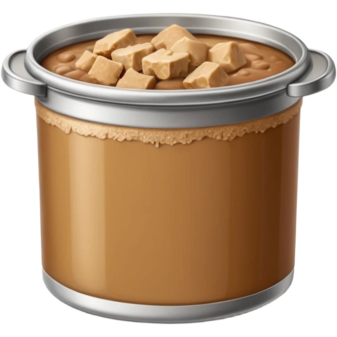 open metal can filled with soft moist chunks or smooth pâté in natural brown tones, slightly glossy gelatinous surface, clean edge, no label, no pet, spoon, or bowl, just the open can and contents, apple emoji style, soft lighting, subtle shadows, transparent background, emoji scale emoji