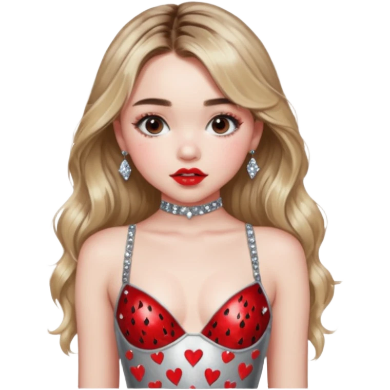 Sabrina carpenter in silver rhinestone bodysuit with red kiss marks all over it emoji